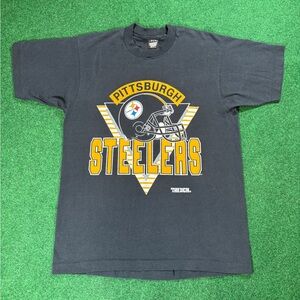 Vintage 80s 90s Pittsburgh Steelers Large Screen Stars NFL Black Faded  T Shirt